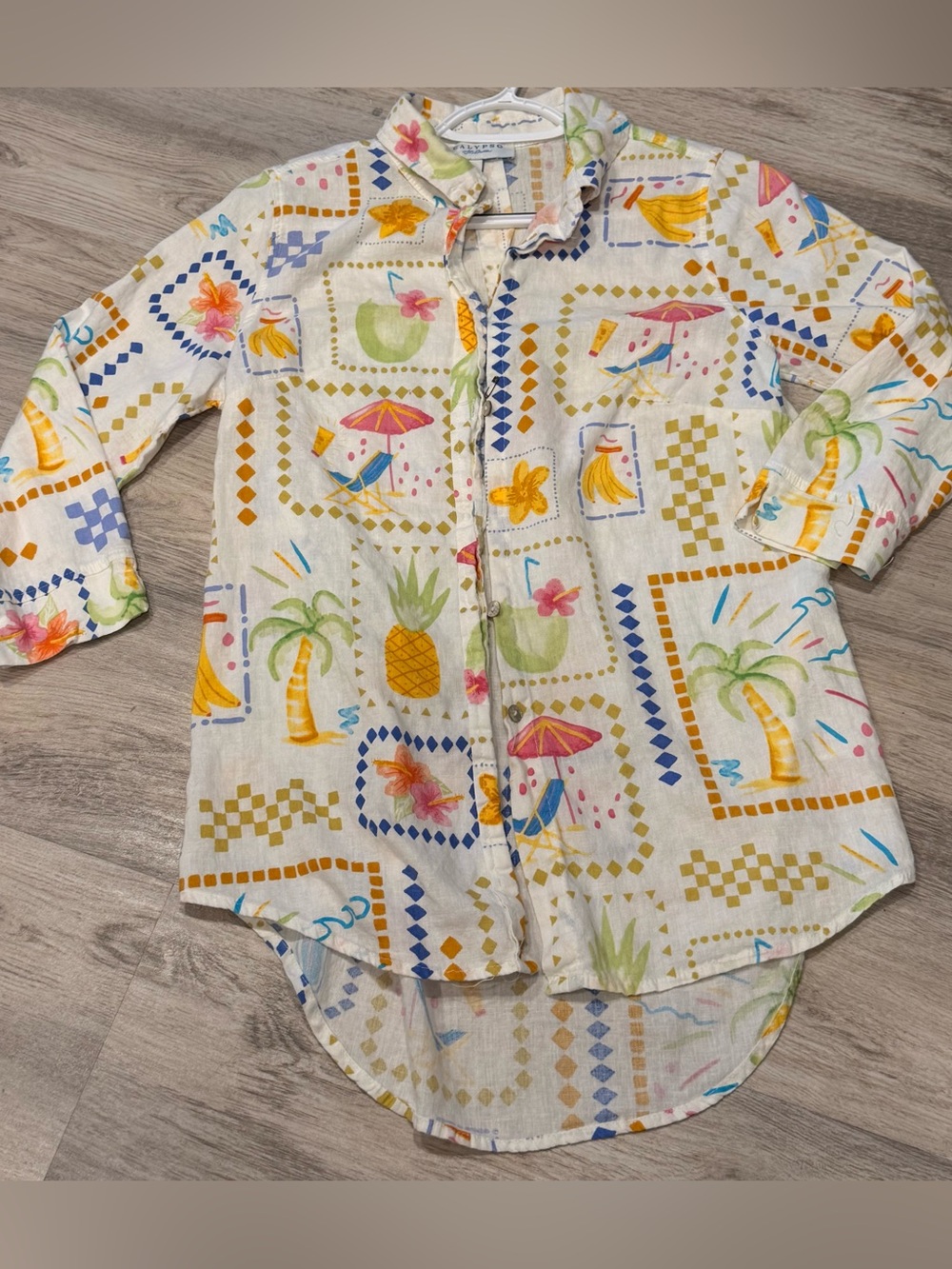 Calypso St. Barth Women's Linen Woven Tropical Graphic Button-Up Shirt S